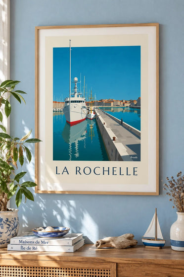 Affiche van het Bassin des Chalutiers in La Rochelle : ingelijst aan de muur