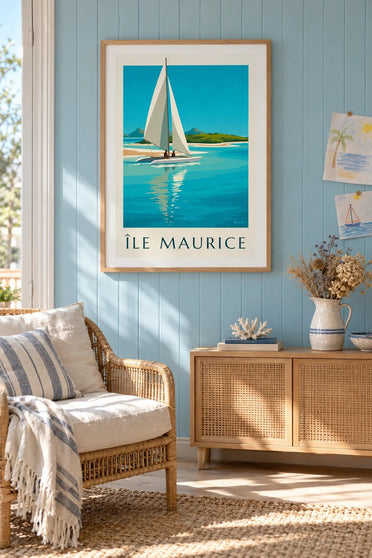 Affiche Île aux Cerfs et lagon turquoise : encadrée au mur