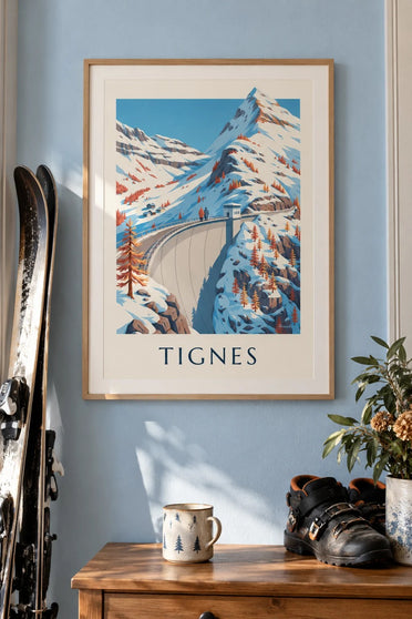 Poster Tignes, de grote stuwdam in de winter : ingelijst aan de muur