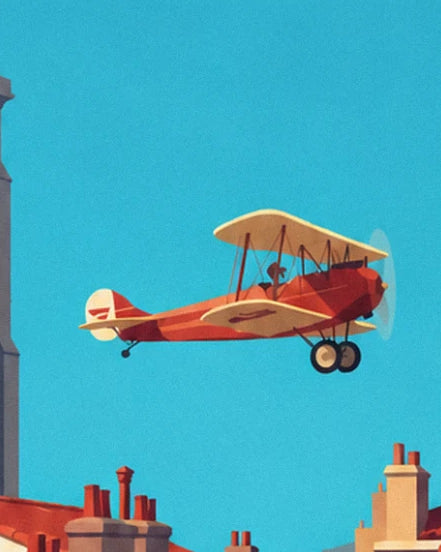 The red biplane with cream wings flying above the terracotta chimneys