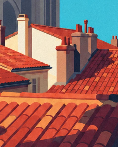 Sunlit slopes of curved orange roof tiles and pink chimneys