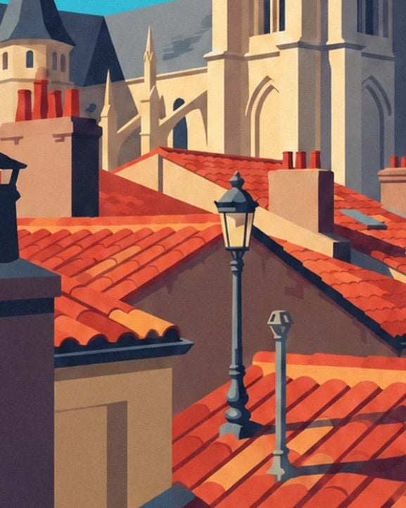 An iron street lamp among the orange tiled roofs, with the cathedral behind