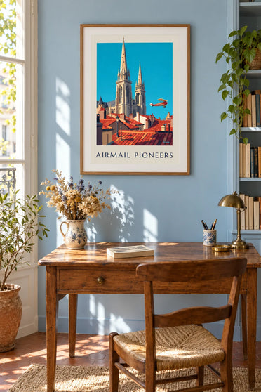 Poster dubbeldekker van de Aéropostale boven een kathedraal: ingelijst aan de muur