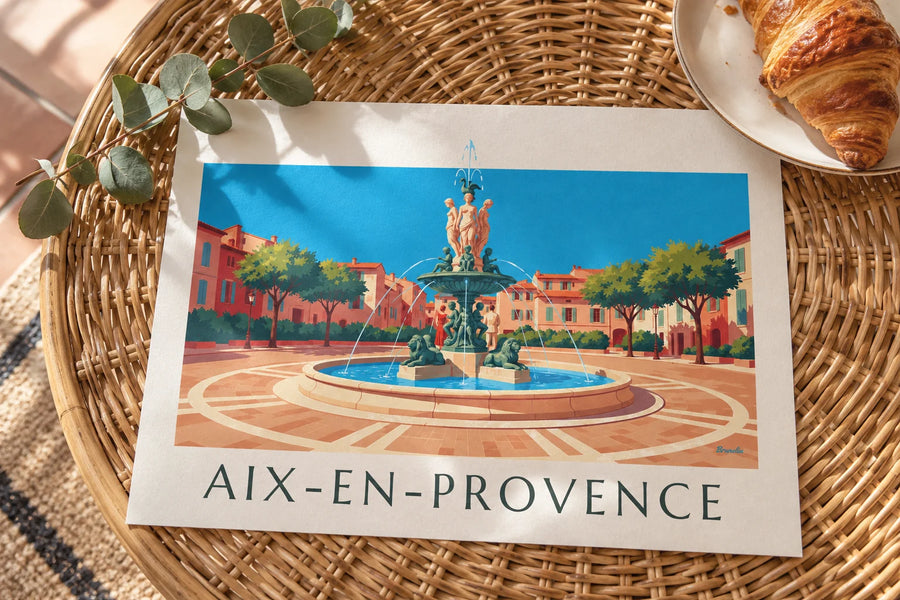 Affiche fontaine de la Rotonde à Aix-en-Provence : posée sur une table