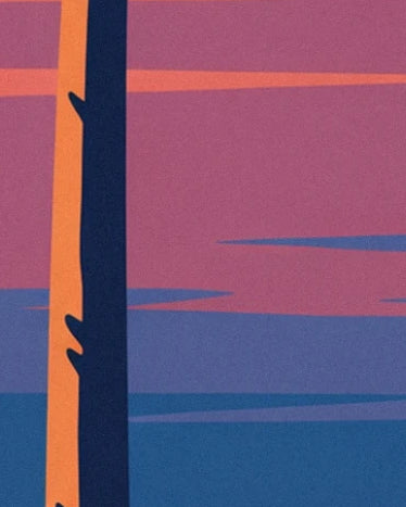 A dark trunk edged in orange against pink and blue bands of sunset