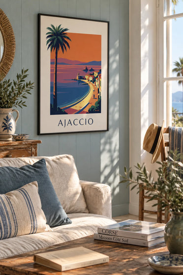 Poster baai van Ajaccio en Îles Sanguinaires bij zonsondergang: ingelijst aan de muur