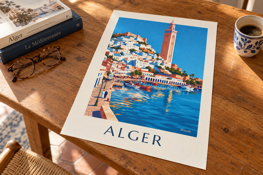 Affiche Casbah blanche d'Alger descendant vers la Méditerranée : posée sur une table