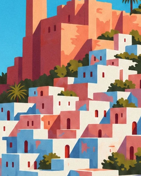 Les maisons blanches et bleues de la Casbah sous les hautes façades ocre