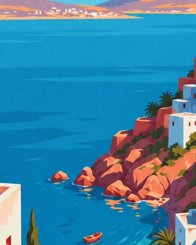 La Méditerranée turquoise au pied des rochers orangés, avec une barque rouge