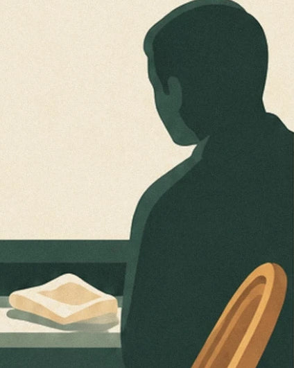The dark figure of a man sitting in the bistro, beside a folded napkin