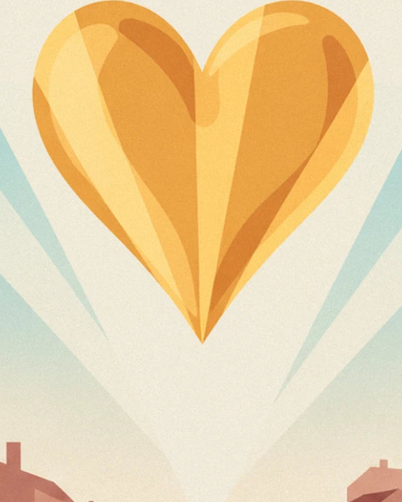 The large golden heart with amber highlights and sky blue rays against the cream sky