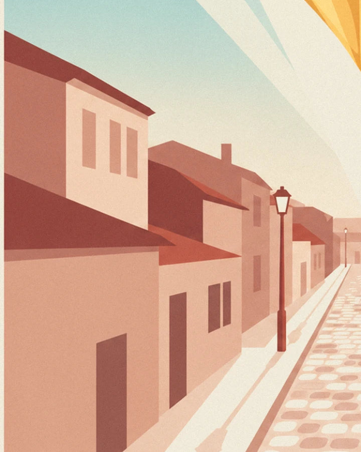The cobbled lane lined with pinkish façades, its red street lamp and the tip of the golden heart in the sky