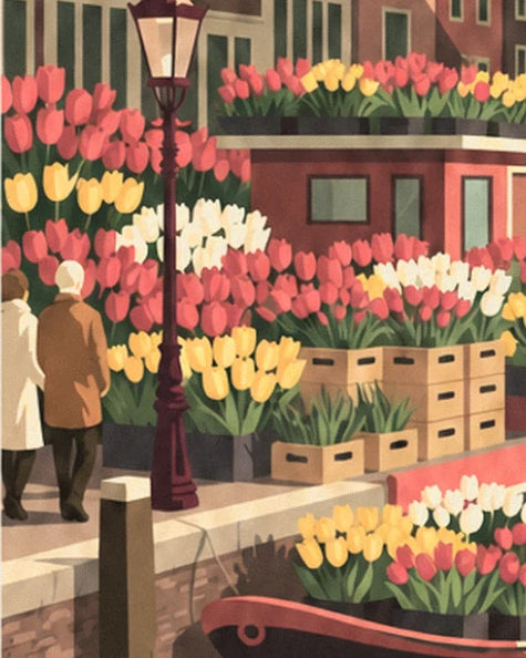 Un couple de promeneurs près du lampadaire, devant les tulipes rouges, jaunes et blanches en caisses