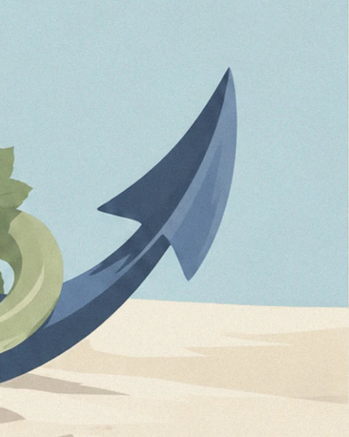 De arm van het blauwe anker die naar de lucht wijst, aan de rand van het zand