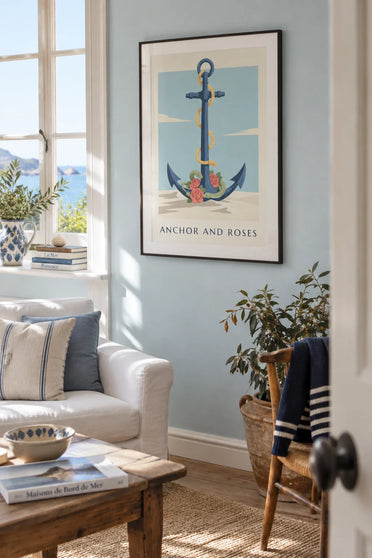 Tattoo-style poster of a navy anchor and red roses: framed on the wall