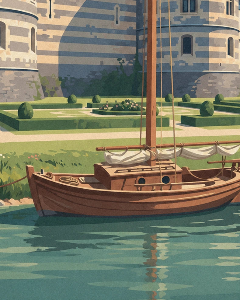 Affiche château d'Angers et voilier amarré sur la Maine : détail en gros plan