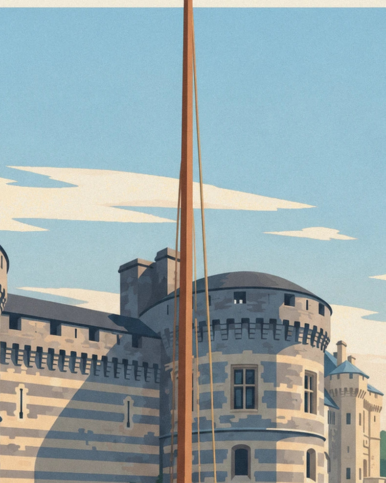 Affiche château d'Angers et voilier amarré sur la Maine : détail en gros plan