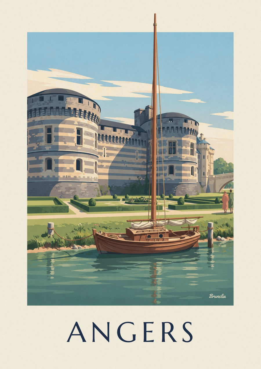 Affiche château d'Angers et voilier amarré sur la Maine