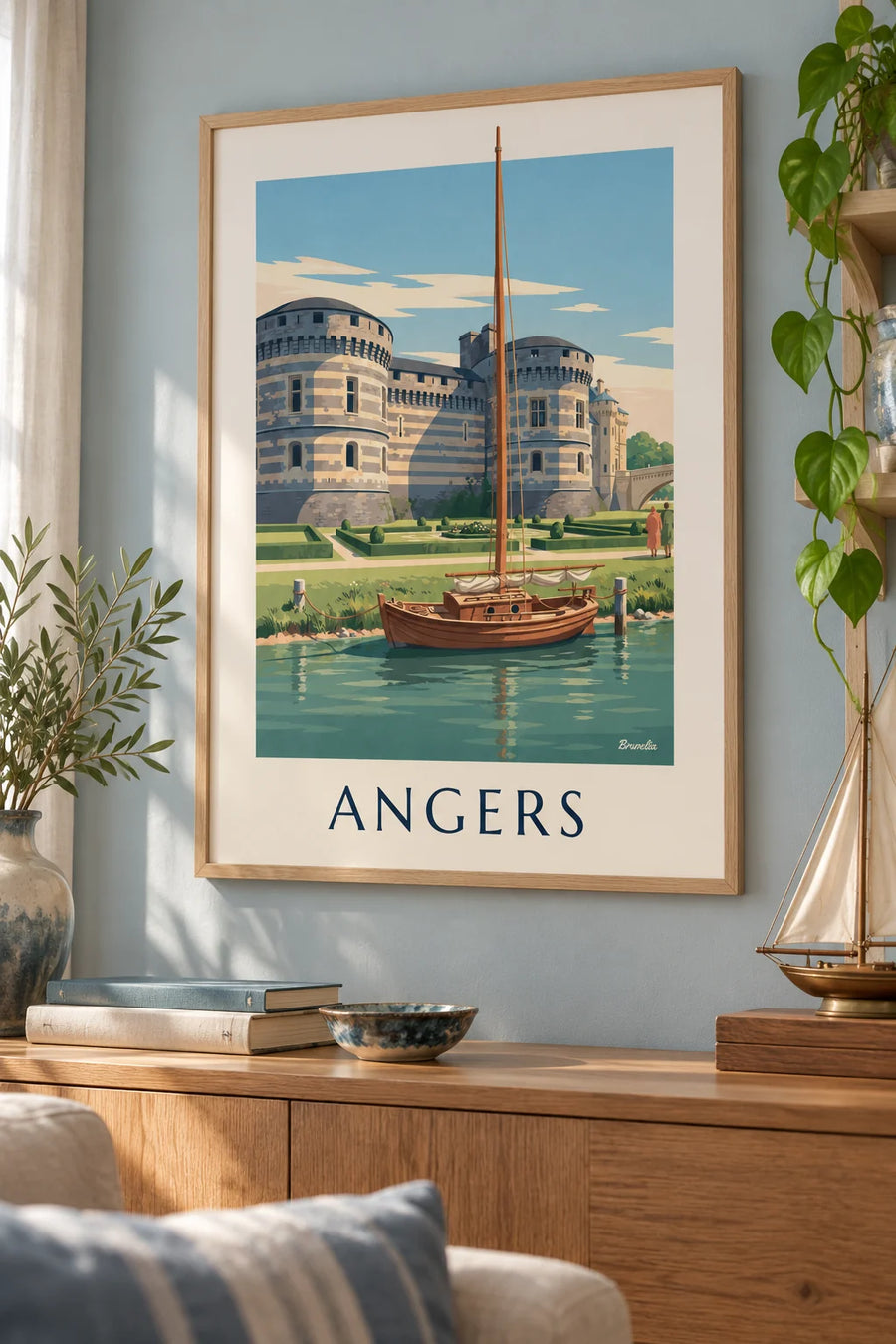Affiche château d'Angers et voilier amarré sur la Maine : encadrée au mur