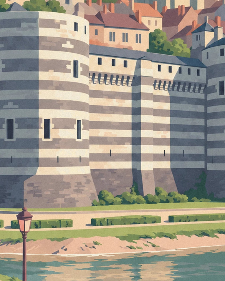 Affiche château d'Angers et cathédrale au bord de la Maine : détail en gros plan