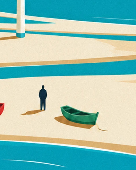 The walker in a dark jacket near a green rowing boat resting on the sand