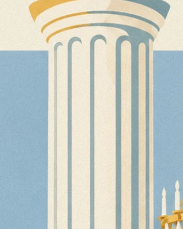Une colonne ivoire cannelée au large chapiteau, sur fond bleu pâle