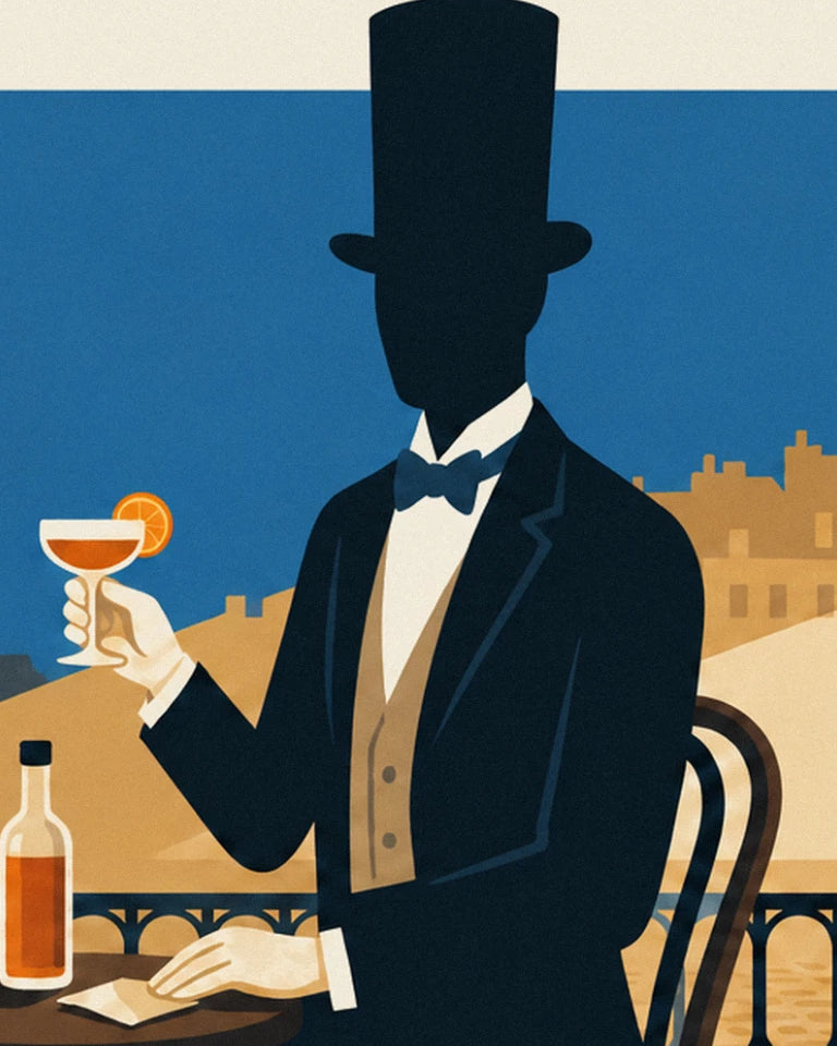 L'homme en haut-de-forme et nœud papillon, son verre d'apéritif à l'orange à la main
