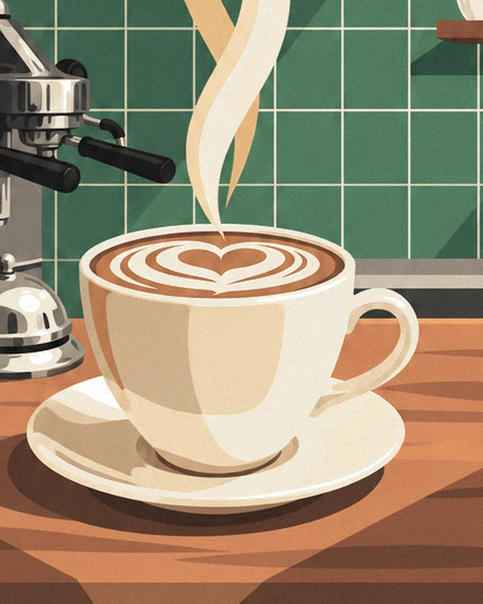 The cappuccino with a foam heart on its saucer, with golden steam above the wooden counter