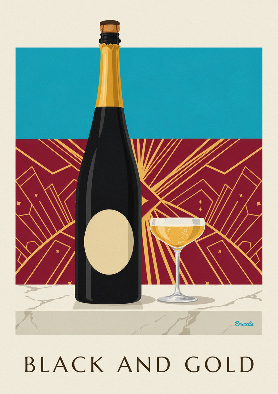 Poster champagnefles brut zwart en goud