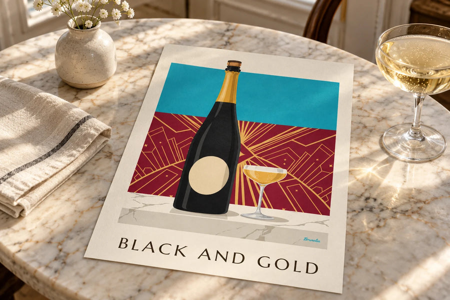 Poster champagnefles brut in zwart en goud: op een tafel