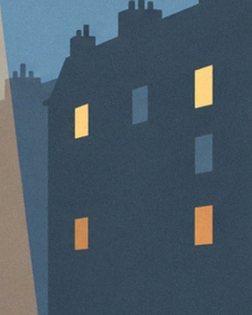 The midnight-blue façades with yellow and orange windows, topped with chimneys