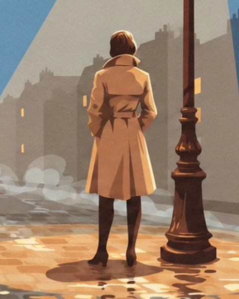 A woman seen from behind in a beige trench coat beside a street lamp, on the wet cobbles