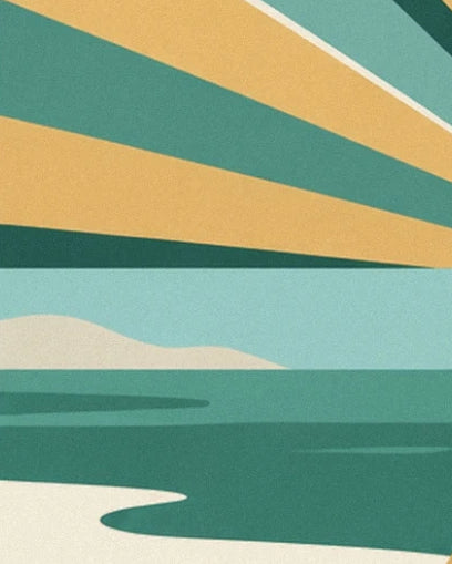 Les rayons ocre et verts au-dessus d'une étendue d'eau bordée de rives claires