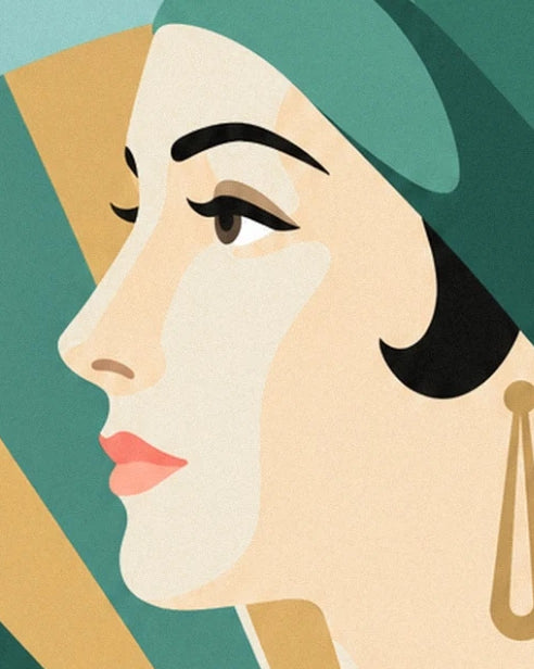 Le visage de profil aux lèvres corail, encadré d'un turban vert et de cheveux noirs