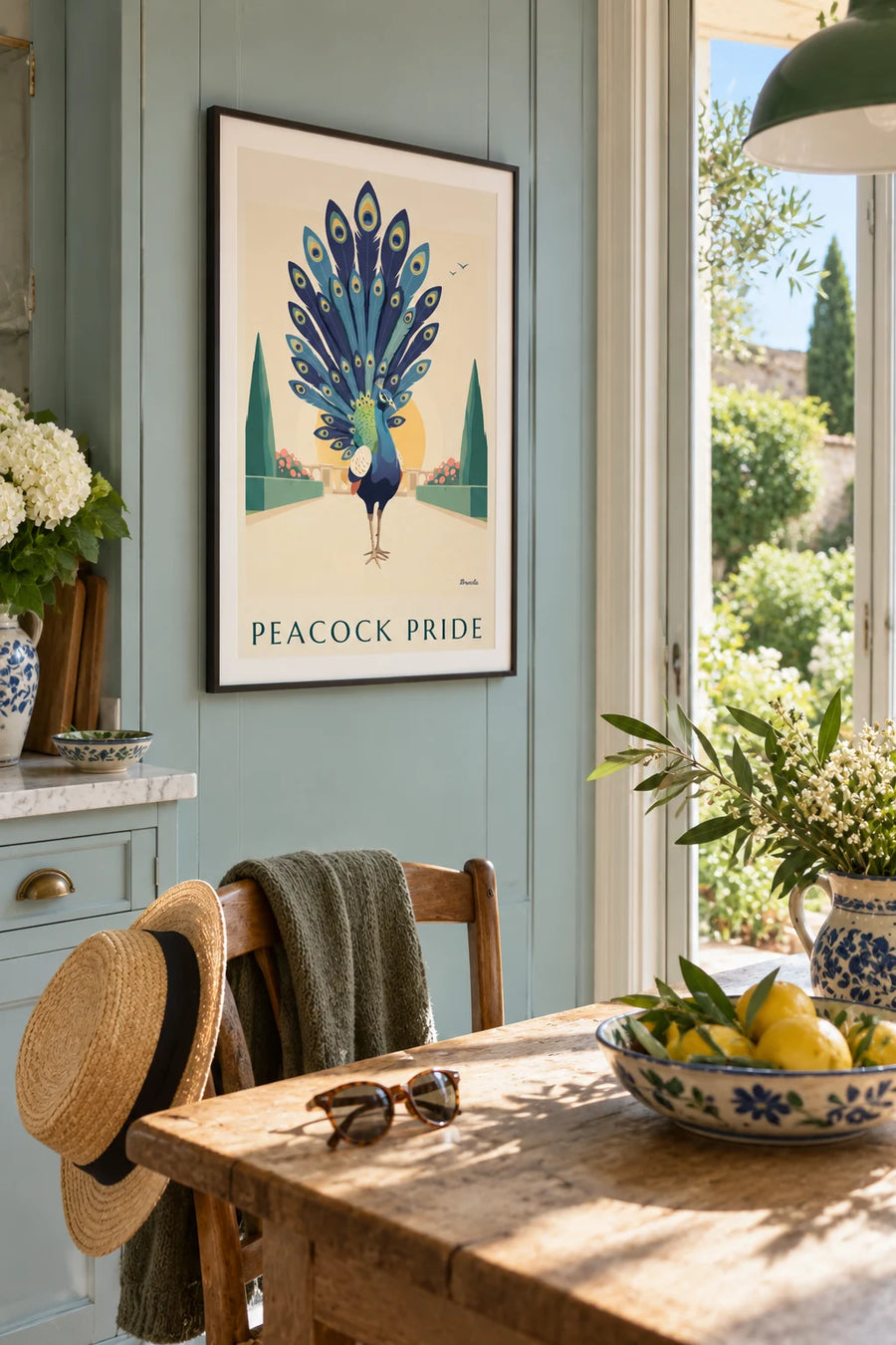 Poster of a peacock fanning its tail under a golden sun: framed on the wall