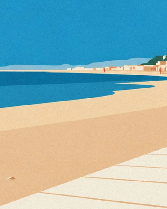 Deauville beach between the blue sea, golden sand and wooden boardwalk
