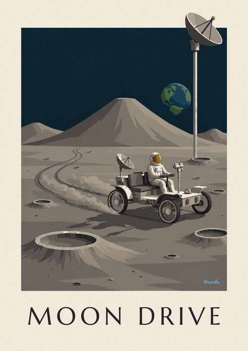 Affiche rover lunaire roulant entre les cratères de la Lune : l'affiche entière
