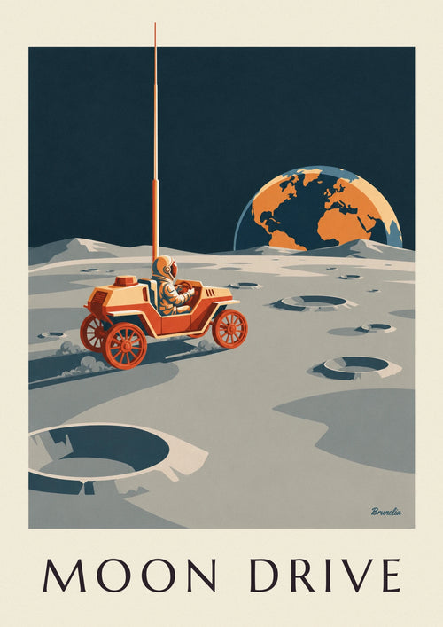 Poster of a lunar rover driving between the Moon’s craters: the full poster