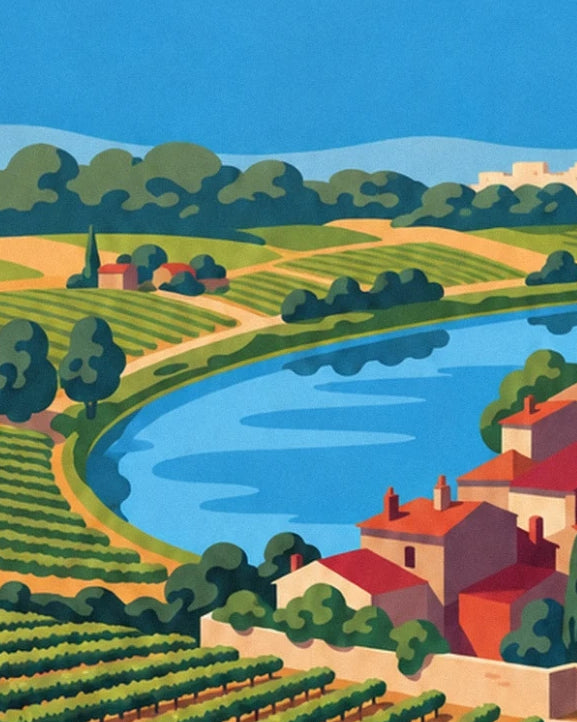The blue curve of the Yonne between vineyards and houses with red roofs