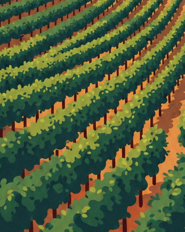 Rows of green vines and their brown stakes on ochre soil