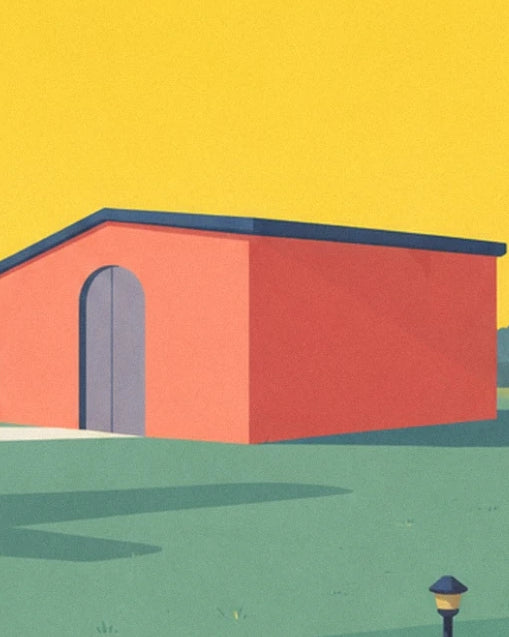 The red hangar with its rounded doorway on green ground beneath the yellow sky