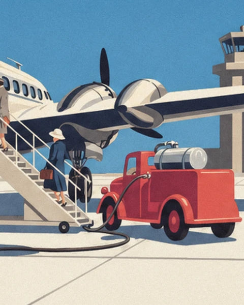 Le camion-citerne rouge et sa valise, près de l'hélice et de l'escalier d'embarquement
