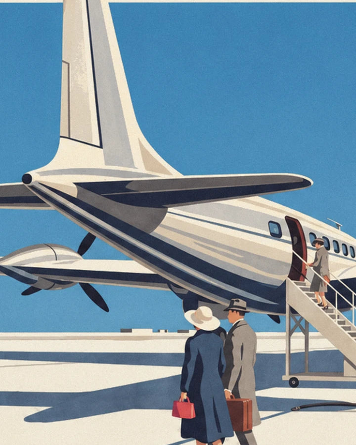 Un couple en manteau bleu et gris au pied de l'escalier de l'avion, valises en main