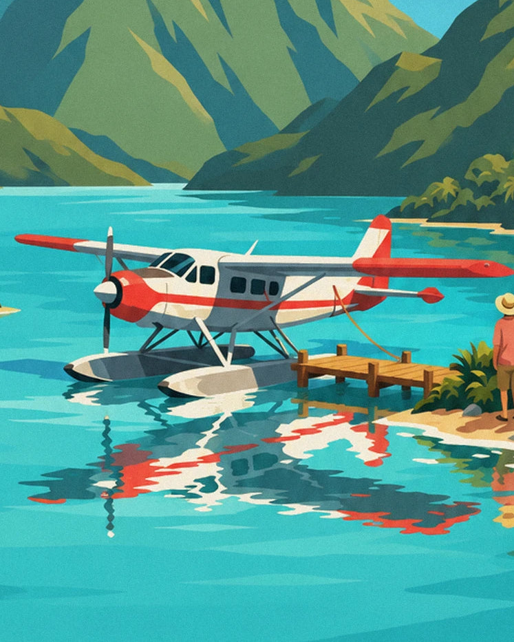 The red and white seaplane on its floats, moored to the wooden jetty, with a walker in a straw hat