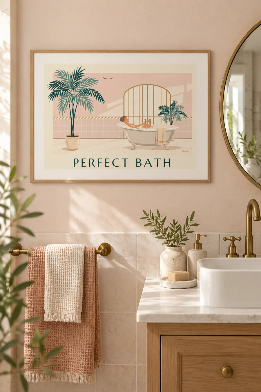 Poster Frau in einer Badewanne mit Schaum und grünen Pflanzen: gerahmt an der Wand