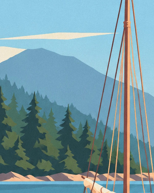 Le grand mât et ses haubans devant la montagne bleue et les sapins de la côte