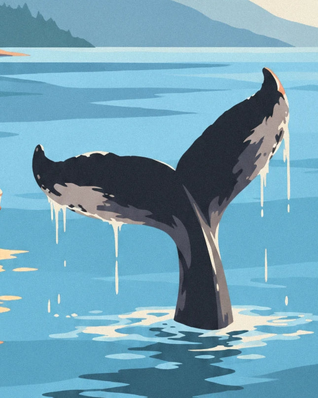 Queue de baleine noire et grise ruisselante, dressée hors de l'eau bleue
