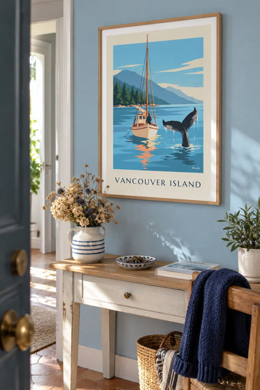 Poster Walflosse neben einem Segelboot vor Vancouver Island: gerahmt an der Wand