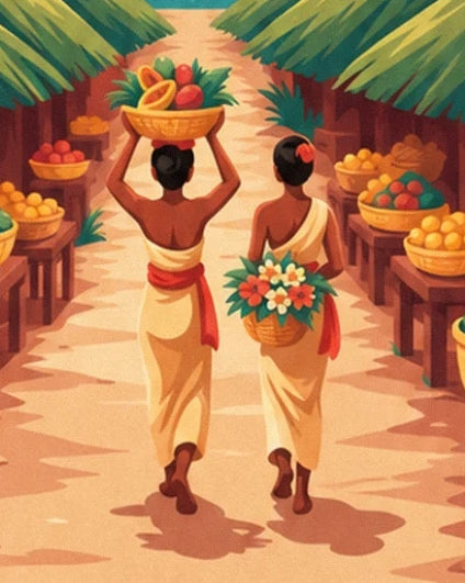 Les 2 femmes en tenues jaunes, avec un panier de fruits sur la tête et une corbeille fleurie