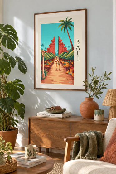Poster of a local market in Bali and a Balinese temple gate: framed on the wall